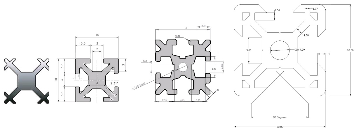 Sections of MicroMax, MakerBeam, OpenBeam and V-Slot