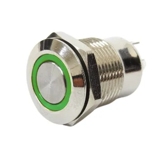 Push Button - 12mm - Latching - Green LED - 3A - 1NO