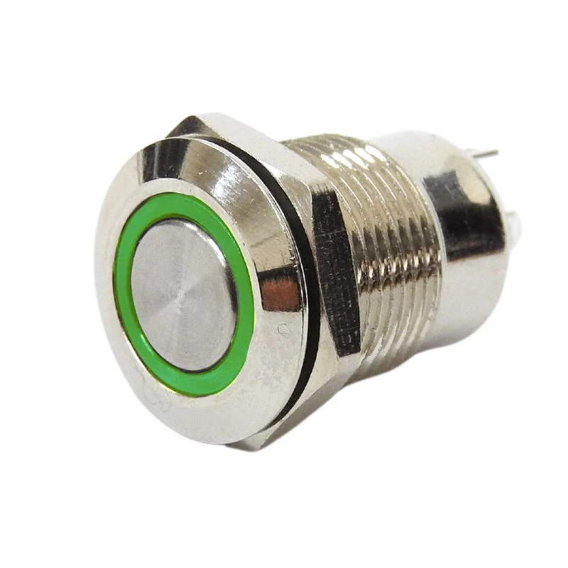 Push Button - 12mm - Latching - Green LED - 3A - 1NO